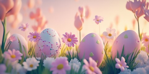 Pastel easter eggs nestled among spring flowers and greenery
