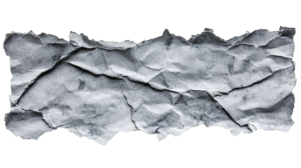 Crumpled gray paper with textured surface, ripped edges, lying flat against transparent backdrop for design backgrounds