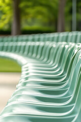 Obraz premium Empty plastic rows of seats in an outdoor stadium, waiting for a match, preparing a fan zone