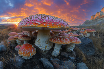 Amanita Paradise, A Fungi Utopia at Sunset