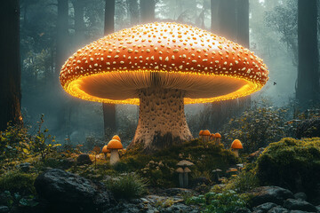 Mystical Glowing Mushroom in an Enchanted Forest Clearing