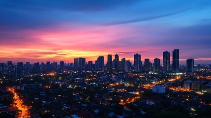 Obraz premium Sunset over modern urban downtown with cityscape skyline high resolution picture