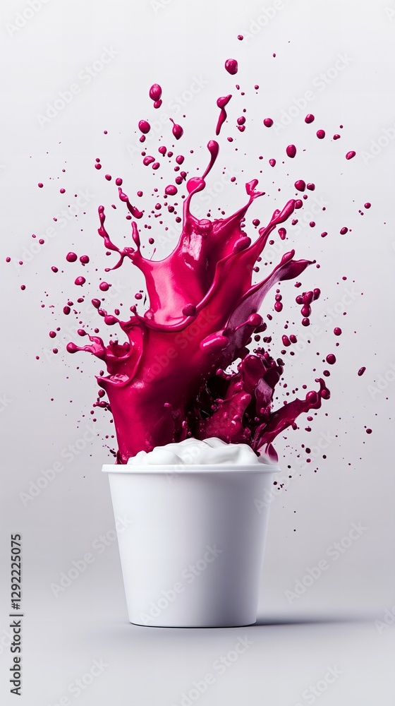 Poster vibrant magenta paint explodes from a white cup, creating a dynamic splash against a neutral backdro