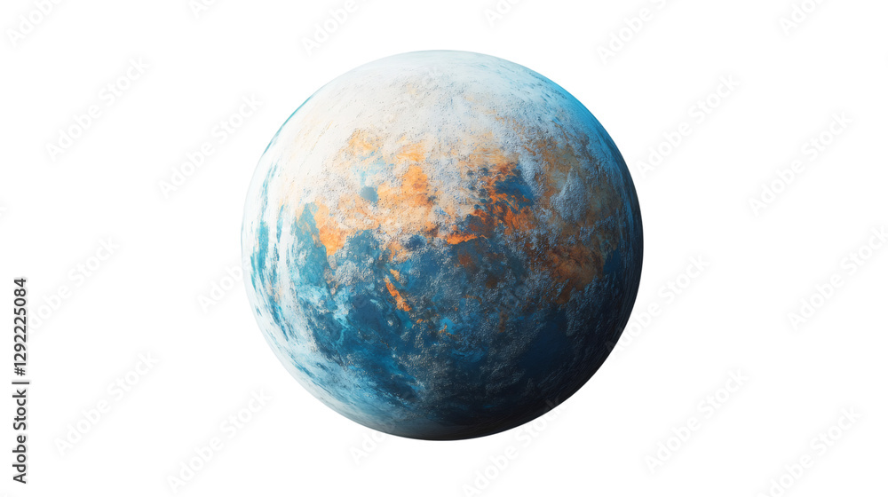 Fototapete 3d rendering of an exoplanet with ice caps and continents, rotating in the vastness of space with transparent background