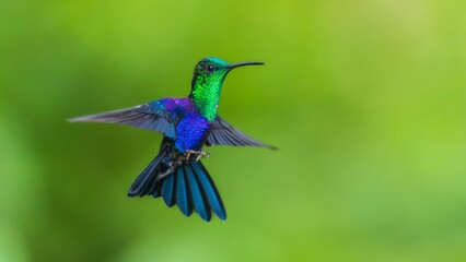 Fototapeta premium Desktop Wallpaper 16:9, Green Crowned Woodnymph - Thalurania colombica hummingbird family Trochilidae, found in Belize to Peru, blue and green shiny bird flying on the colorful background. 