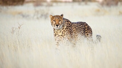 Desktop Wallpaper 16:9, Cheetah in the savanna. Close-up. Namibia. Africa. An excellent illustration. A cheetah searching for prey in the grasslands of the Kalahari Desert in Namibia.