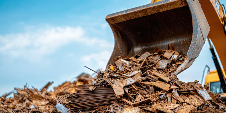 Excavator bucket loading scrap metal. Metal scraps and pieces of rebar at a construction site. - Powered by Adobe
