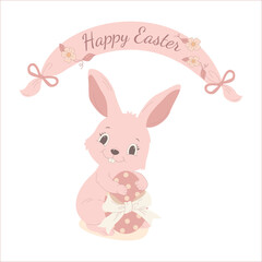 A cute Easter bunny holding a decorated egg with a ribbon, under a festive 