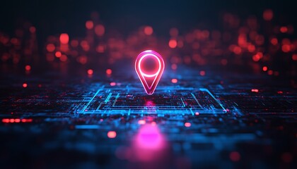 Neon map pin on digital grid