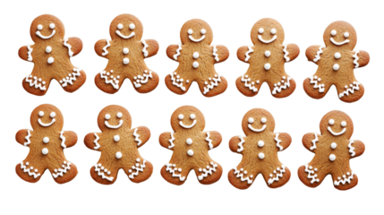 Ten gingerbread men cookies are smiling on a transparent background, ready to be added to any festive design