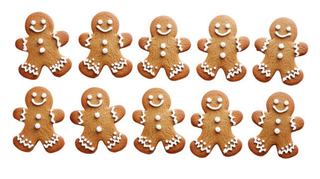 Ten gingerbread men cookies are smiling on a transparent background, ready to be added to any festive design