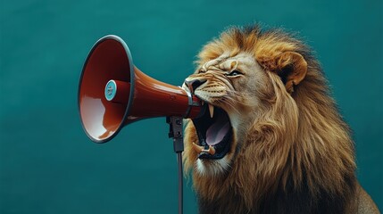 Lion roaring into megaphone against teal background