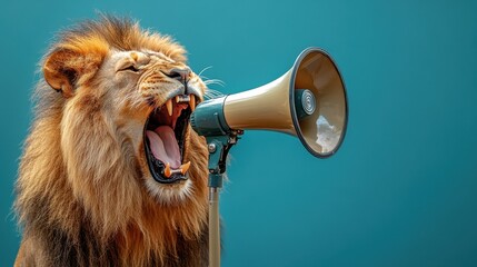 Roaring lion using megaphone against blue background