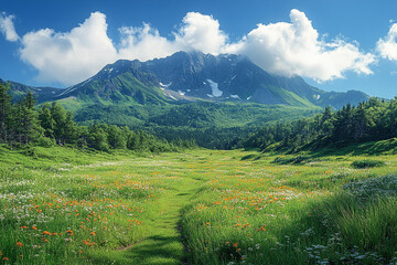 Fototapeta premium Idyllic Mountain Vista, Meadow Path to Cloudy Peaks in Verdant Landscape