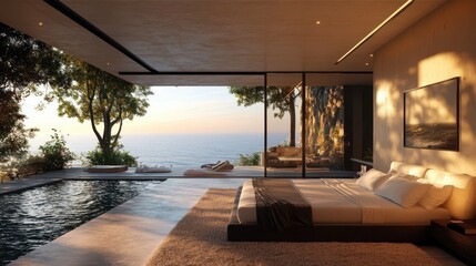 Obraz premium Luxurious modern bedroom with ocean view and infinity pool at sunset