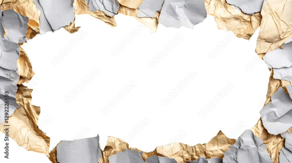 Poster Crumpled silver and gold paper creating a transparent window with a checkered pattern, ideal for showcasing designs or images