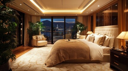 Luxurious modern bedroom with city skyline view at night