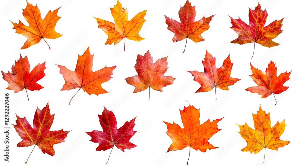 Poster twelve colorful maple leaves falling gently on a transparent background, perfect for autumn-themed d