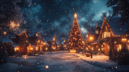 Fototapeta premium Festive winter village scene at night with snowfall and illuminated christmas tree