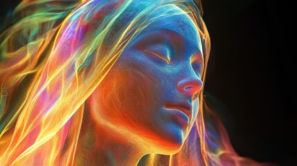 Colorful ethereal portrait of young female with digital abstract veil