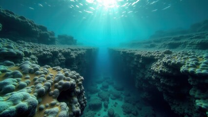 Obraz premium Underwater coral canyon showing signs of bleaching and environmental damage 