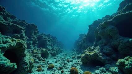 Fototapeta premium Underwater coral canyon showing signs of bleaching and environmental damage 