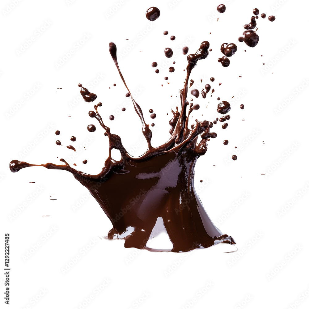 Poster chocolate splash creating dynamic patterns on a white background showcasing fluid motion and texture