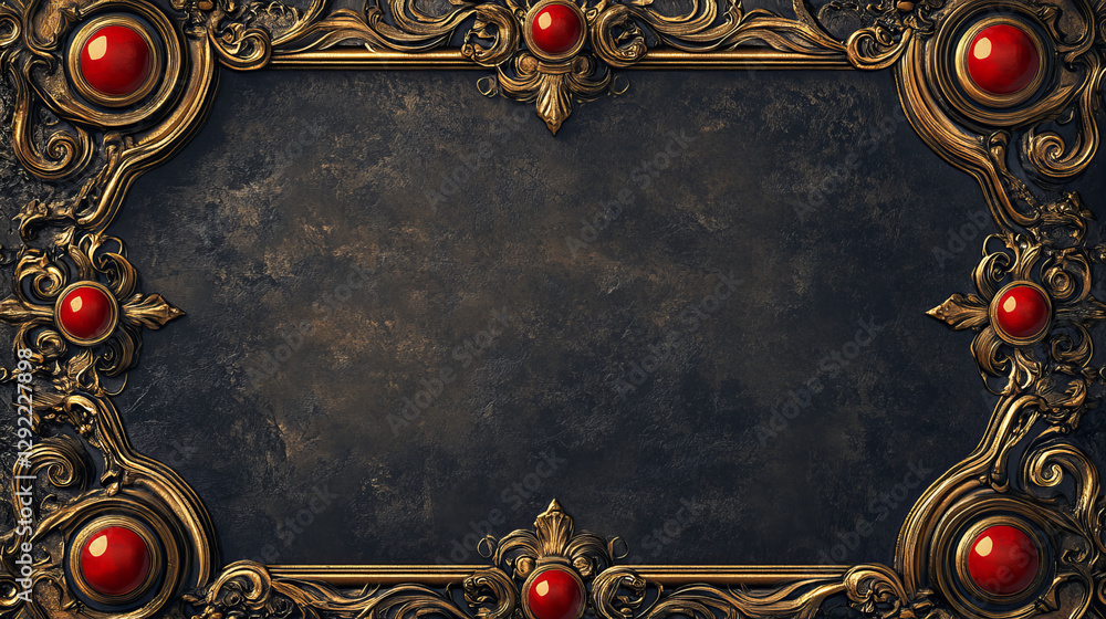 Poster vintage golden frames with red buttons for rpg game ui banners and elements. empty fantasy square fr