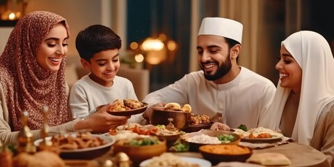 Family sharing festive meal and smiling while enjoying traditional dishes on wooden table with glowing candles in background. Concept of Ramadan feast