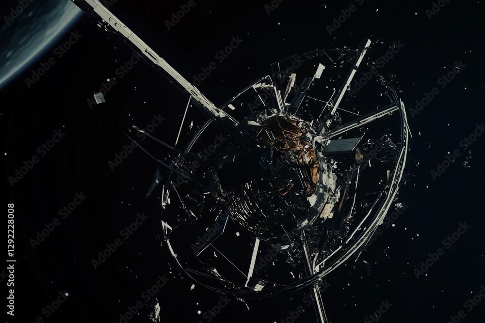 Poster celestial collision: shattered debris from a satellite floats in the infinite expanse of space, symb
