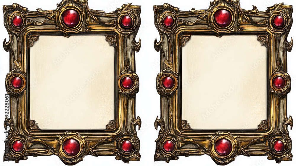 Poster vintage golden frames with red buttons for rpg game ui banners and elements. empty fantasy square fr