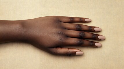 Close up of Dark Skinned Hand on Beige Woven Fabric