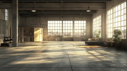 Spacious industrial loft with large windows and sunlit interior