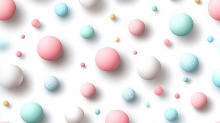 Pastel colored spheres in varying sizes float on a soft white background, creating a playful and modern design, This image can be used for digital backgrounds, children's decor, or creative projects,