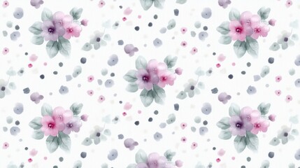 Fototapeta premium A delicate watercolor floral pattern features soft pink and purple flowers with green leaves against a light background, ideal for textiles, stationery, or home decor