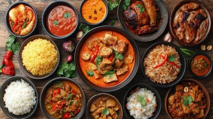 Diverse Asian cuisine dishes on wooden table