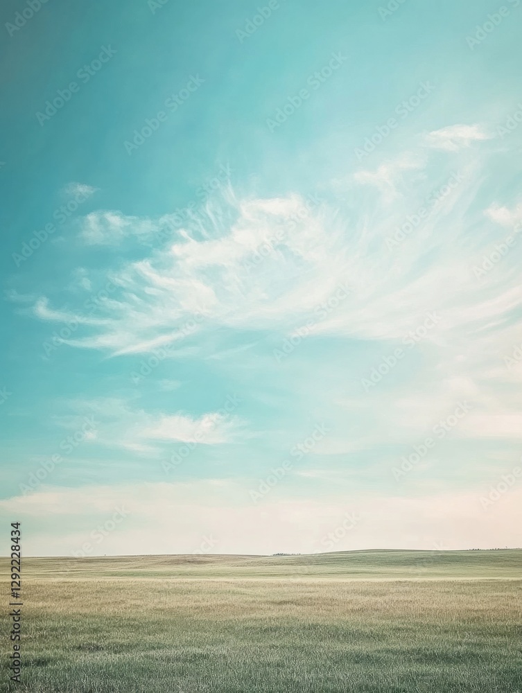Poster expansive open field under a clear blue sky with clouds at sunset near a serene landscape. generativ