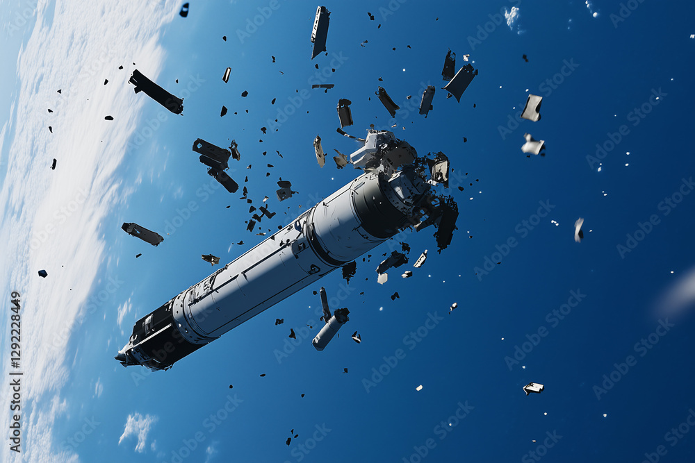 Poster debris of broken rocket: a rocket explodes in the vastness of space. the wreckage is floating weight