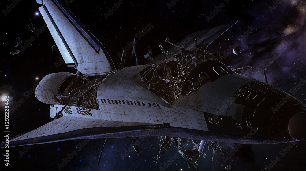 Poster space shuttle disaster: a dramatic image depicts a space shuttle in a state of catastrophic disinteg