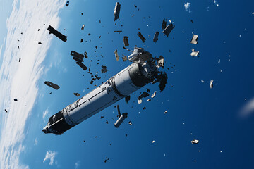 Obraz premium Debris of Broken Rocket: A rocket explodes in the vastness of space. The wreckage is floating weightlessly, a stark contrast to the deep blue planet Earth.