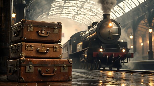 A stack of vintage suitcases beside a steam train, evoking the nostalgia of old-world travel.

