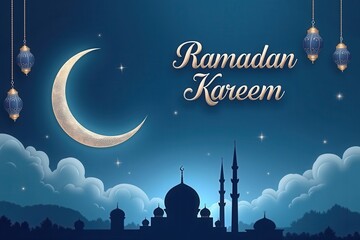 A sleek and modern Ramadan Kareem greeting card with a minimalist design, using a serene blue color palette