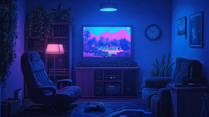 Living room interior at night with furniture and gamer stuff. Armchair, tv set with video game on screen, console, gamepads, plasmic lamp, rug, cupboard and clock on wall, Cartoon vector illustration