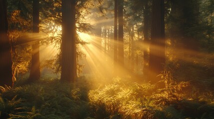 Obraz premium Sunlight streaming through majestic forest trees at sunrise