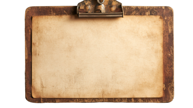 Vintage clipboard with aged paper creating a nostalgic backdrop, perfect for displaying messages or adding a touch of history