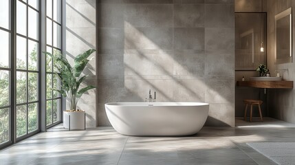 Fototapeta premium Modern minimalist bathroom with freestanding tub and large windows