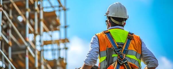 A construction worker in safety gear stands safely at a worksite, observing the scaffolding and project developments under a clear blue sky, focusing on site operations.