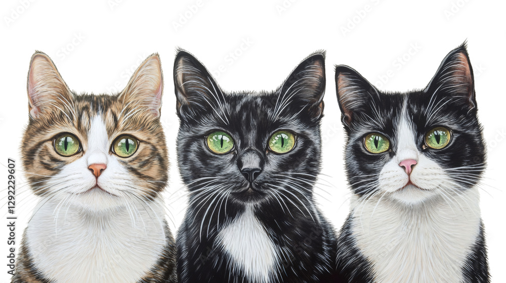 Aufkleber three cats with green eyes are posing on a transparent background, perfect for easy integration into