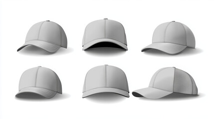 Baseball cap mockup from different views - front, back, three quarter and side. Realistic vector templates of gray snapback hats with visor. Blank sport uniform headwear - cotton clothing elements.