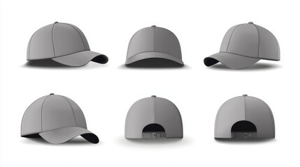 Baseball cap mockup from different views - front, back, three quarter and side. Realistic vector templates of gray snapback hats with visor. Blank sport uniform headwear - cotton clothing elements.